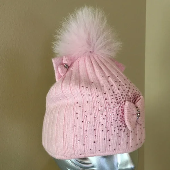 Kitty Cat Ear Beanie Hat With Fox Fur Pom Pom - Picture 3 of 10